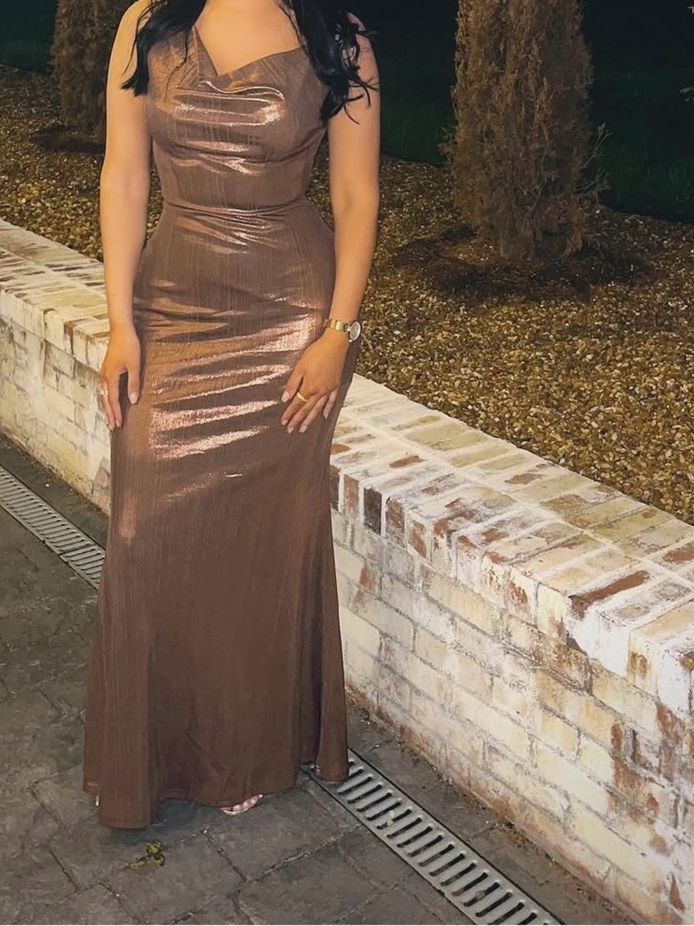 Shimmery Brown/Gold Maxi Evening Dress with Cowl Neck